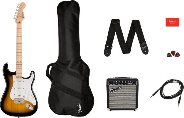 Squier by Fender - Paquete de Guitarra Eléctrica Stratocaster Sonic, Diapasón de Arce en 2 Colores Sunburst con Amplificador y Accesorios - Imagen 2