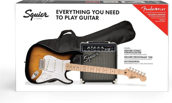 Squier by Fender - Paquete de Guitarra Eléctrica Stratocaster Sonic, Diapasón de Arce en 2 Colores Sunburst con Amplificador y Accesorios